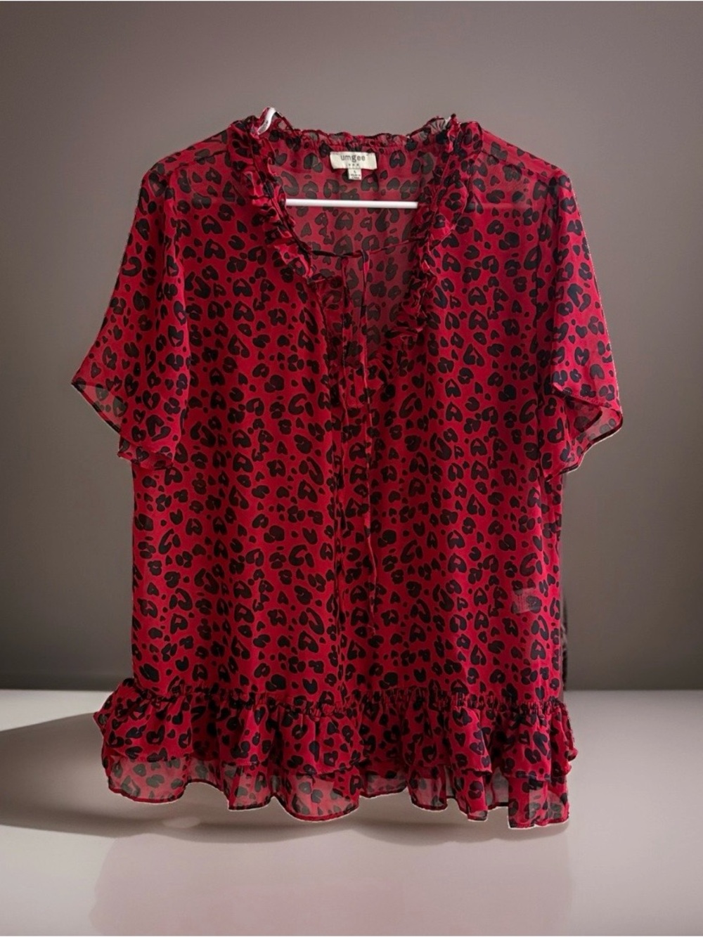Umgee Womens Large Red Black Leopard Print Sheer Ruffle Tunic Blouse Boho